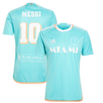 Turquoise Inter Miami soccer jersey set: front shows MIAMI and sponsor logos; back shows MESSI 10 with orange trim on edges.