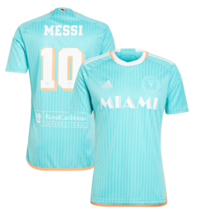 Turquoise Inter Miami soccer jersey set: front shows MIAMI and sponsor logos; back shows MESSI 10 with orange trim on edges.