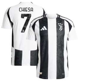 Juventus home jersey showing black-and-white stripes, club crest, and Adidas logo; back shows 'CHIESA' and the number 7.