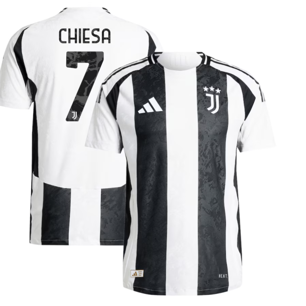Juventus home jersey showing black-and-white stripes, club crest, and Adidas logo; back shows 'CHIESA' and the number 7.