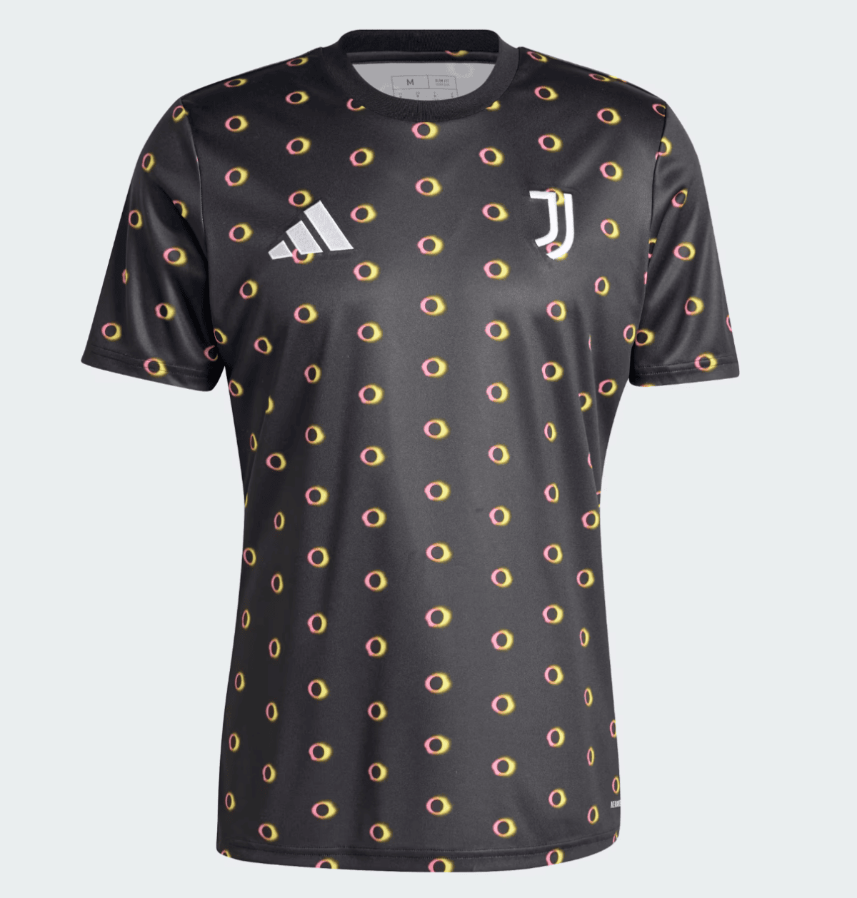 Black Juventus jersey with small yellow-pink ring pattern, white Adidas logo and club crest on chest
