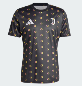 Black Juventus jersey with small yellow-pink ring pattern, white Adidas logo and club crest on chest