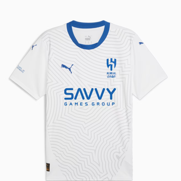 White soccer jersey with blue crew neck and a subtle geometric pattern, featuring the blue Savvy Games Group sponsor across the chest and a blue club crest on the left chest with Puma branding on the sleeves.
