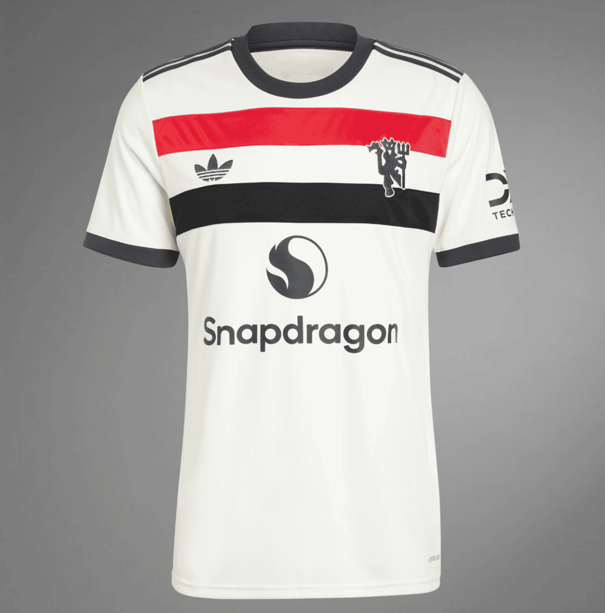 White soccer jersey with a red stripe across the chest, black stripe below it, and Snapdragon logo on the front.