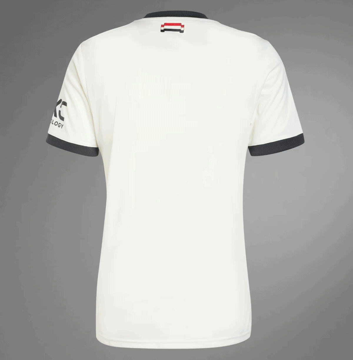 Back view of a white short-sleeve T-shirt with dark gray cuffs and collar, small red label at the neckline center.