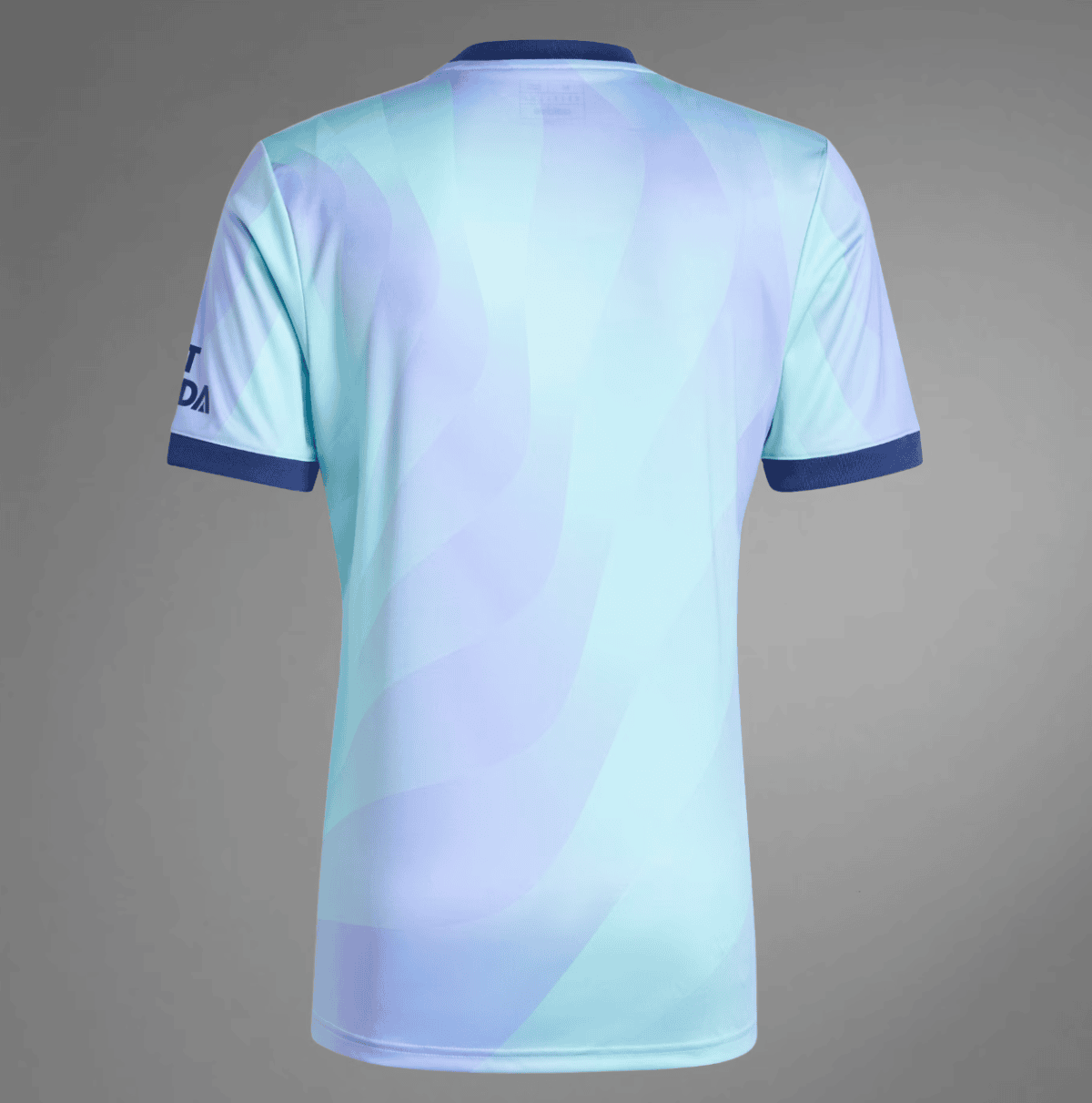Back view of a pastel blue and teal sports jersey with purple swirl pattern and dark blue collar and cuffs