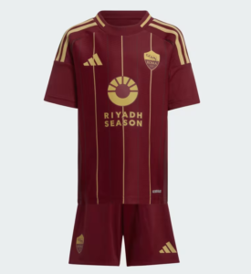 AS Roma maroon home jersey and shorts with gold vertical stripes, Riyadh Season sponsor and club crest.