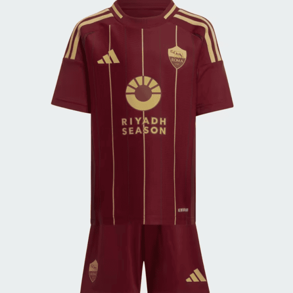 AS Roma maroon home jersey and shorts with gold vertical stripes, Riyadh Season sponsor and club crest.