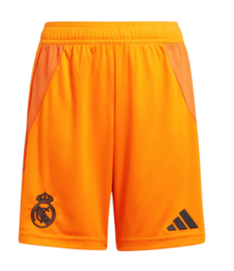 Orange Real Madrid soccer shorts with team crest on the left leg and Adidas branding on the right leg, elastic waistband and side panels.