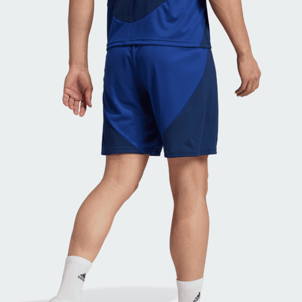 Back view of a person wearing blue athletic shorts with dark panel accents on the sides.