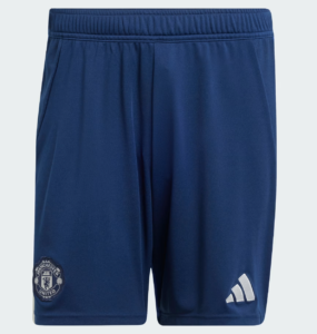 Screenshot_2024-09-18_222540 | UAE SPORT STORE Blue Manchester United shorts with club crest on the left leg and Adidas logo on the right leg.