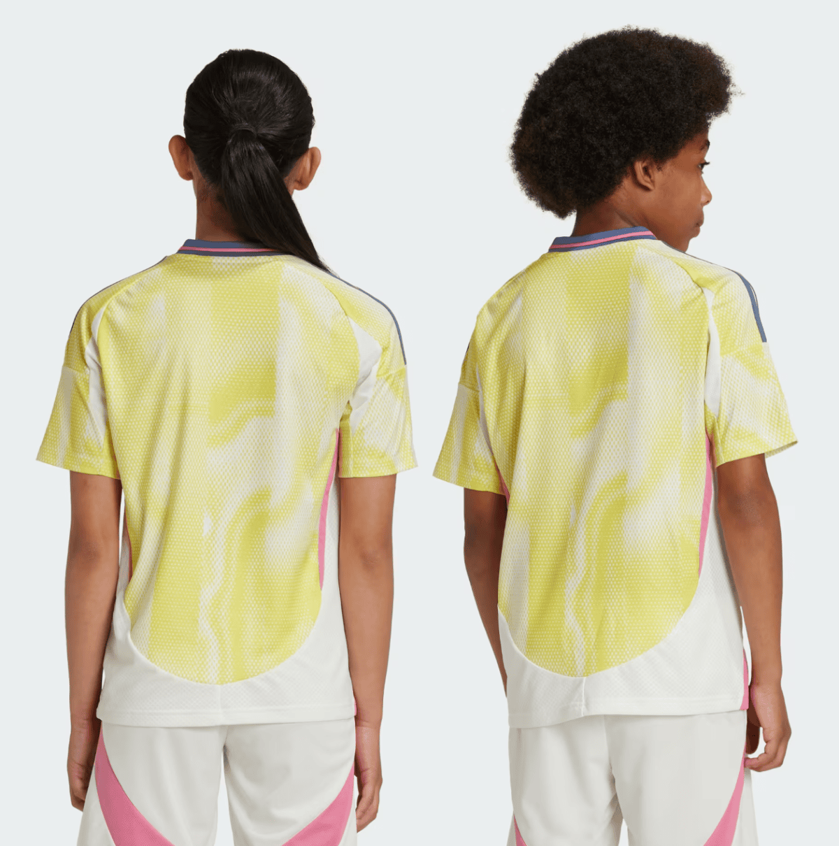 Two children are shown from behind wearing bright yellow mesh sports jerseys with pink and white accents.