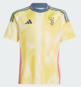 Juventus yellow away football jersey with blue Adidas logo and club crest, pink side panels behind the arms.