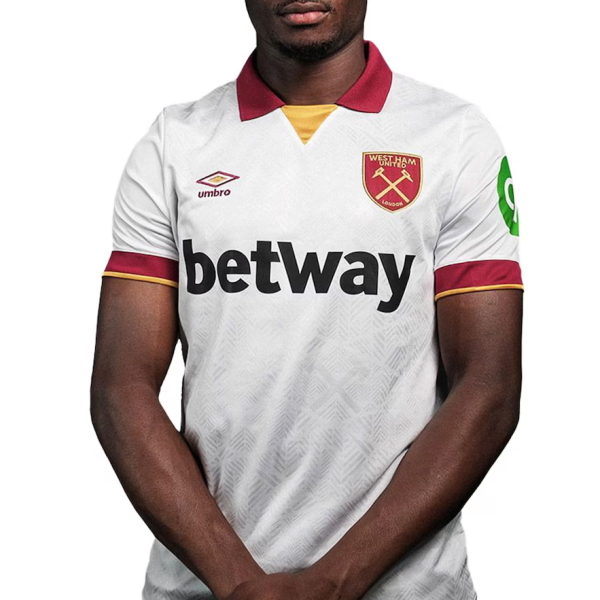 West Ham United white away jersey with maroon collar, gold inner V, club crest, and Betway sponsor across the chest.