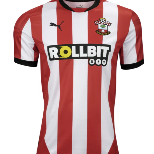 Southampton FC home soccer jersey with red-and-white vertical stripes, team crest, Puma logo, and Rollbit sponsor on the chest.