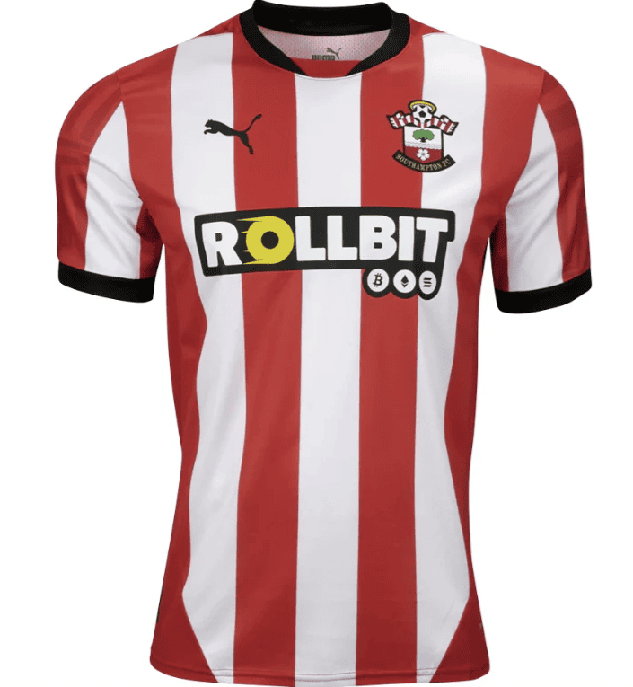 Screenshot_2024-09-26_214815 | UAE SPORT STORE Southampton FC home soccer jersey with red-and-white vertical stripes, team crest, Puma logo, and Rollbit sponsor on the chest.