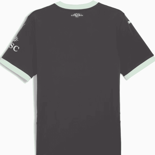 Back view of a dark gray athletic T-shirt with mint green collar and sleeve cuffs; small branding at the neck and logos on the sleeves.