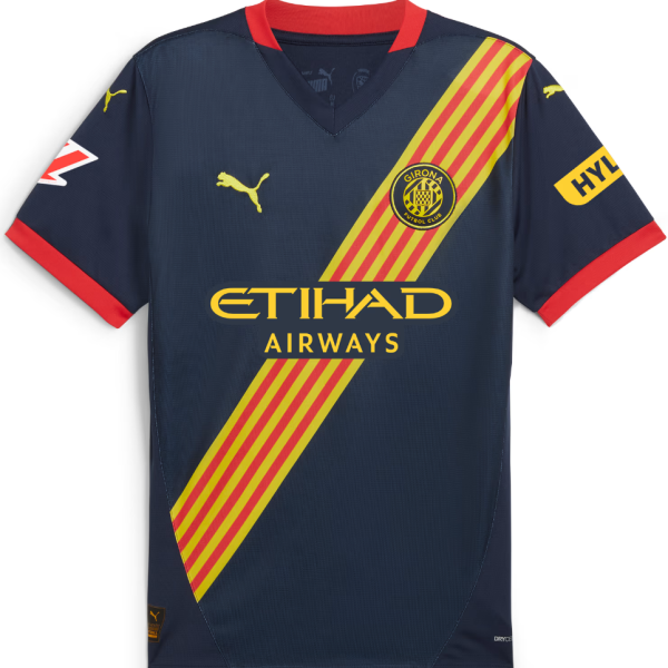Navy blue Girona FC jersey with yellow diagonal stripe, crest, and Etihad Airways sponsor on chest.