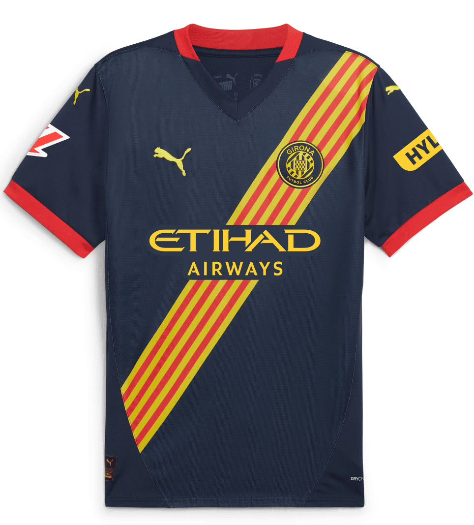 Screenshot_2024-10-15_053125 | UAE SPORT STORE Navy blue Girona FC jersey with yellow diagonal stripe, crest, and Etihad Airways sponsor on chest.