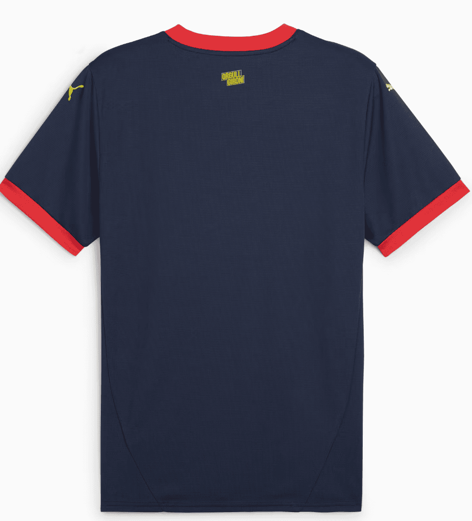 Screenshot_2024-10-15_053133 | UAE SPORT STORE Back view of a navy blue athletic T-shirt with red collar and red sleeve cuffs; small yellow logo on the upper back and yellow Puma logos on each sleeve.