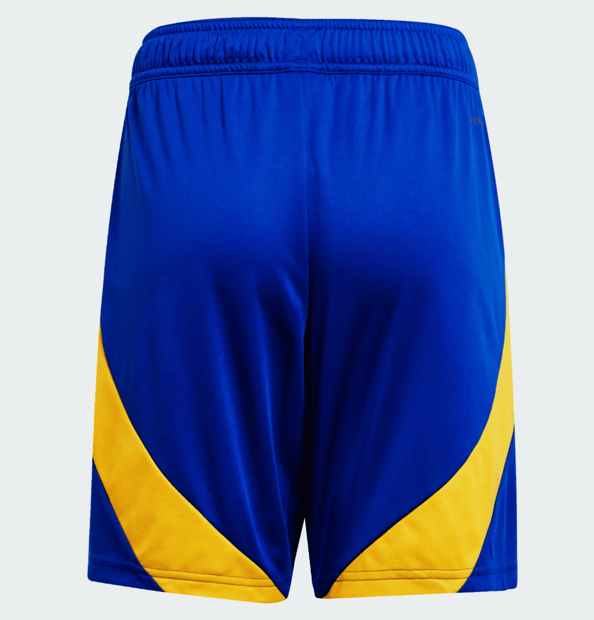 Blue athletic shorts with yellow curved side panels and an elastic waistband, viewed from the back.