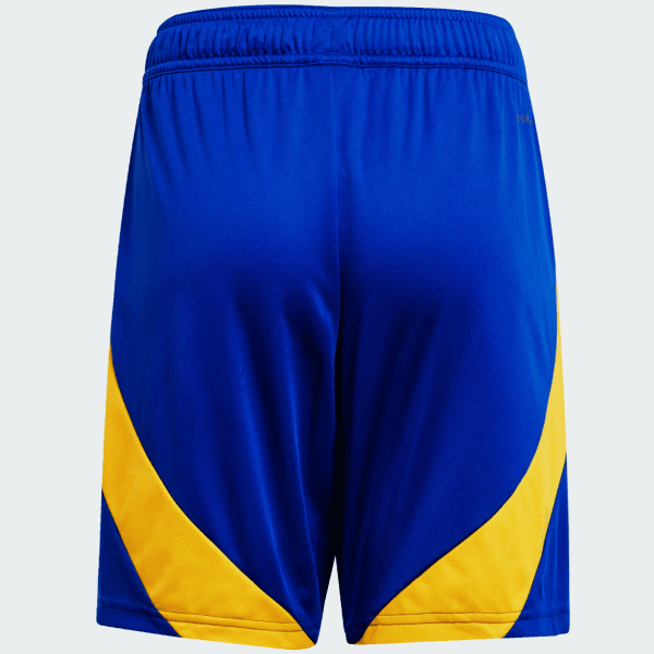 Blue athletic shorts with yellow curved side panels and an elastic waistband, viewed from the back.