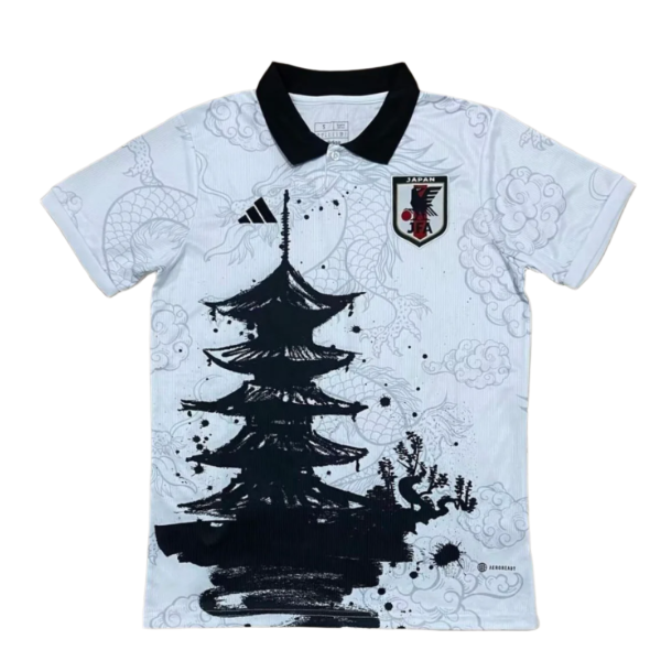 Light blue polo shirt featuring a large black pagoda graphic on the front and a black collar, with a Japan JFA crest on the chest.
