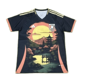Navy soccer jersey with cream shoulder stripes and peach trim, featuring a large sunset garden scene (pagoda and bridge) across the front and a Japan crest on the left chest.
