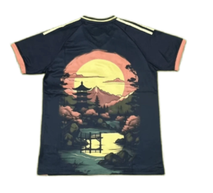 Navy short-sleeve graphic tee with pale pink sleeve cuffs featuring a large sunset landscape print including a pagoda, bridge, and lake.