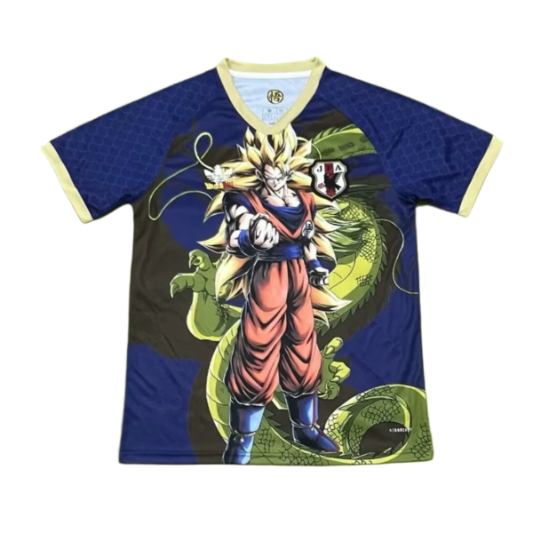 T-shirt featuring Goku from Dragon Ball Z with a green dragon in the background, blue and yellow trim accents on sleeves and neck.