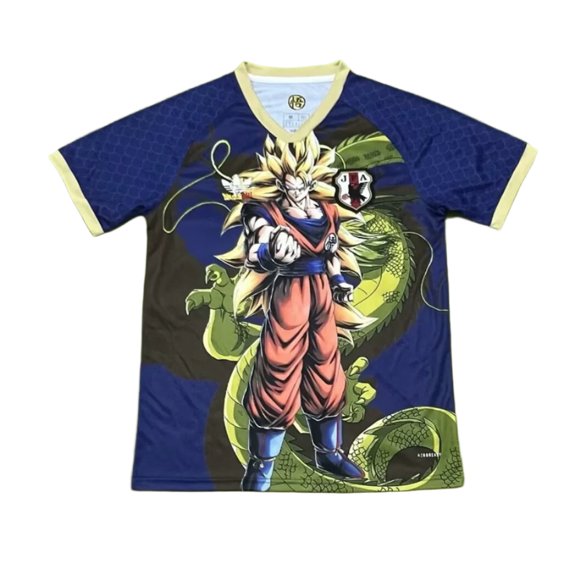 T-shirt featuring Goku from Dragon Ball Z with a green dragon in the background, blue and yellow trim accents on sleeves and neck.