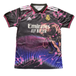 Real Madrid football jersey with a black-pink-purple lightning pattern, featuring the Emirates Fly Better sponsor and club crest. Note: The shirt displays the Adidas logo and Real Madrid emblem on the chest, with pink trim on the collar and sleeves.