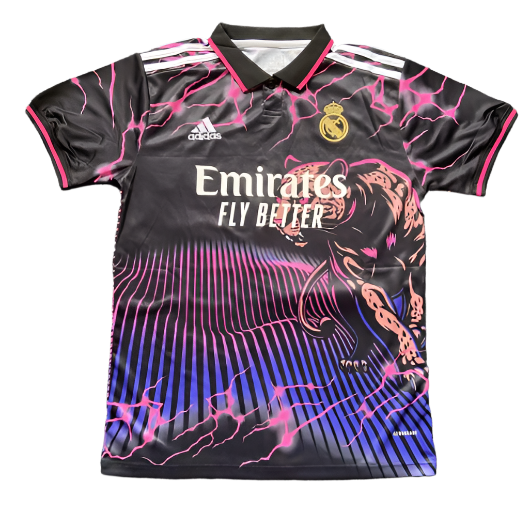 Real Madrid football jersey with a black-pink-purple lightning pattern, featuring the Emirates Fly Better sponsor and club crest. Note: The shirt displays the Adidas logo and Real Madrid emblem on the chest, with pink trim on the collar and sleeves.