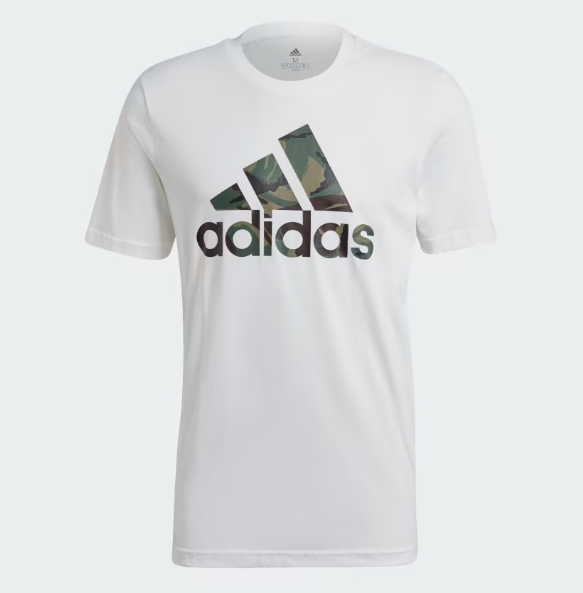 White Adidas T-shirt with a large camo-patterned Adidas logo on the front, short sleeves, and crew neck object-focused image