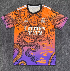 Orange-to-purple Real Madrid football jersey with a black collar and bold dragon graphic, featuring Emirates Fly Better sponsor logo.