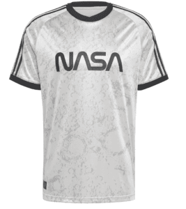 NASA-branded grey camouflage T-shirt with black collar and stripes, front view, casual athletic style.