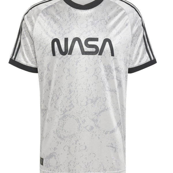 NASA-branded grey camouflage T-shirt with black collar and stripes, front view, casual athletic style.