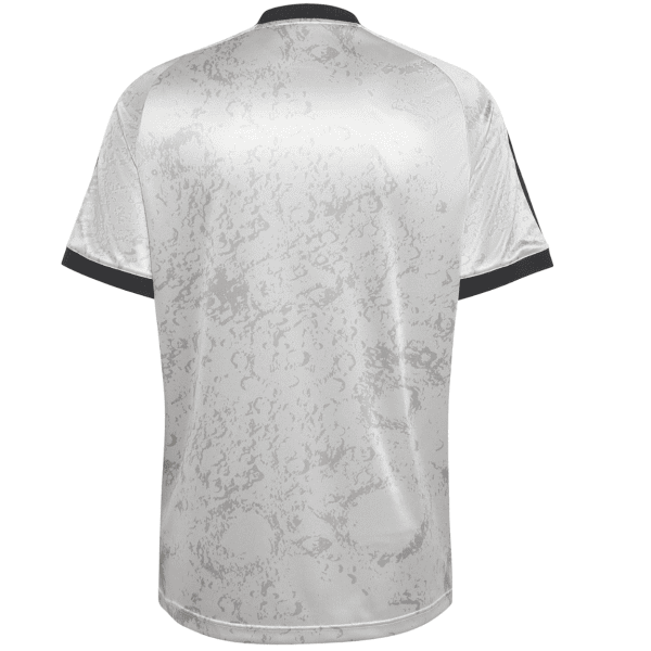 Back view of a white and gray camouflage sports jersey with black collar and sleeve cuffs.