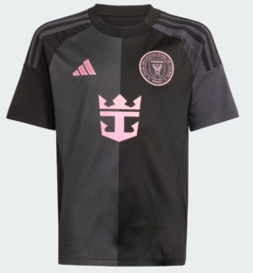 Black and dark gray Adidas soccer jersey with pink crest on the left chest and three pink stripes on the shoulders, Miami football club emblem on the upper right.
