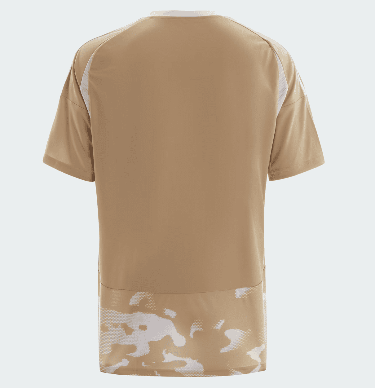 Screenshot_2025-01-14_174431 | UAE SPORT STORE Back view of a tan athletic jersey with white mesh panels at the shoulders and a white camouflage pattern along the lower hem.