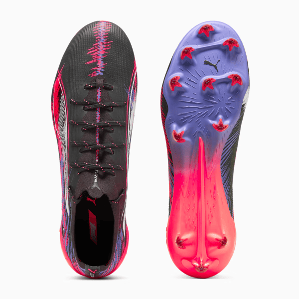 Pair of black and pink Puma soccer cleats shown from the top (left) and bottom (right) with a purple outsole and pink studs.