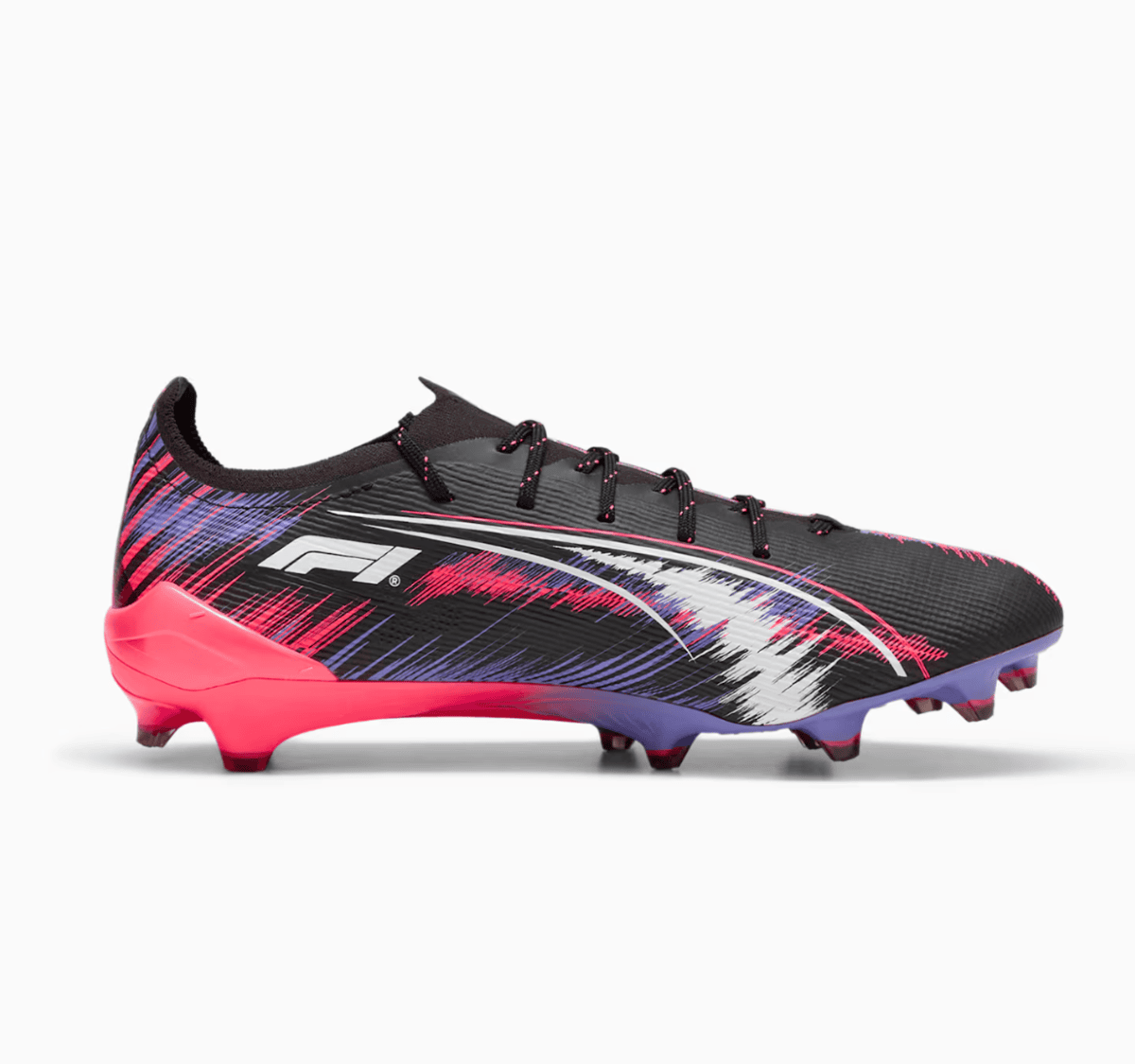 Colorful football boot with black, pink, and purple brush stroke design and a bright pink heel, featuring a white logo on the side.
