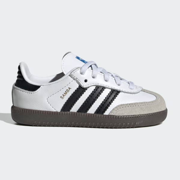 White Adidas Samba-style sneaker with black stripes, white upper, beige suede toe cap, and brown sole, side view