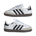 Two white Adidas Samba sneakers with black stripes and brown soles, shown from side and slightly angled views.