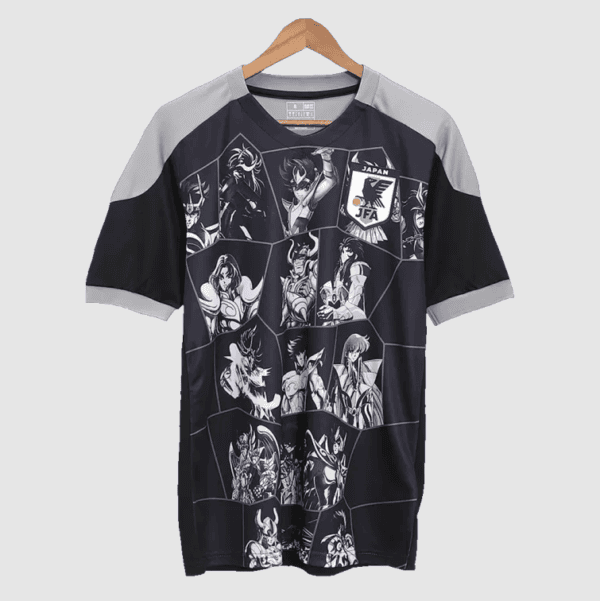 Black and gray athletic jersey with anime character collage and a Japan JFA crest on the chest area
