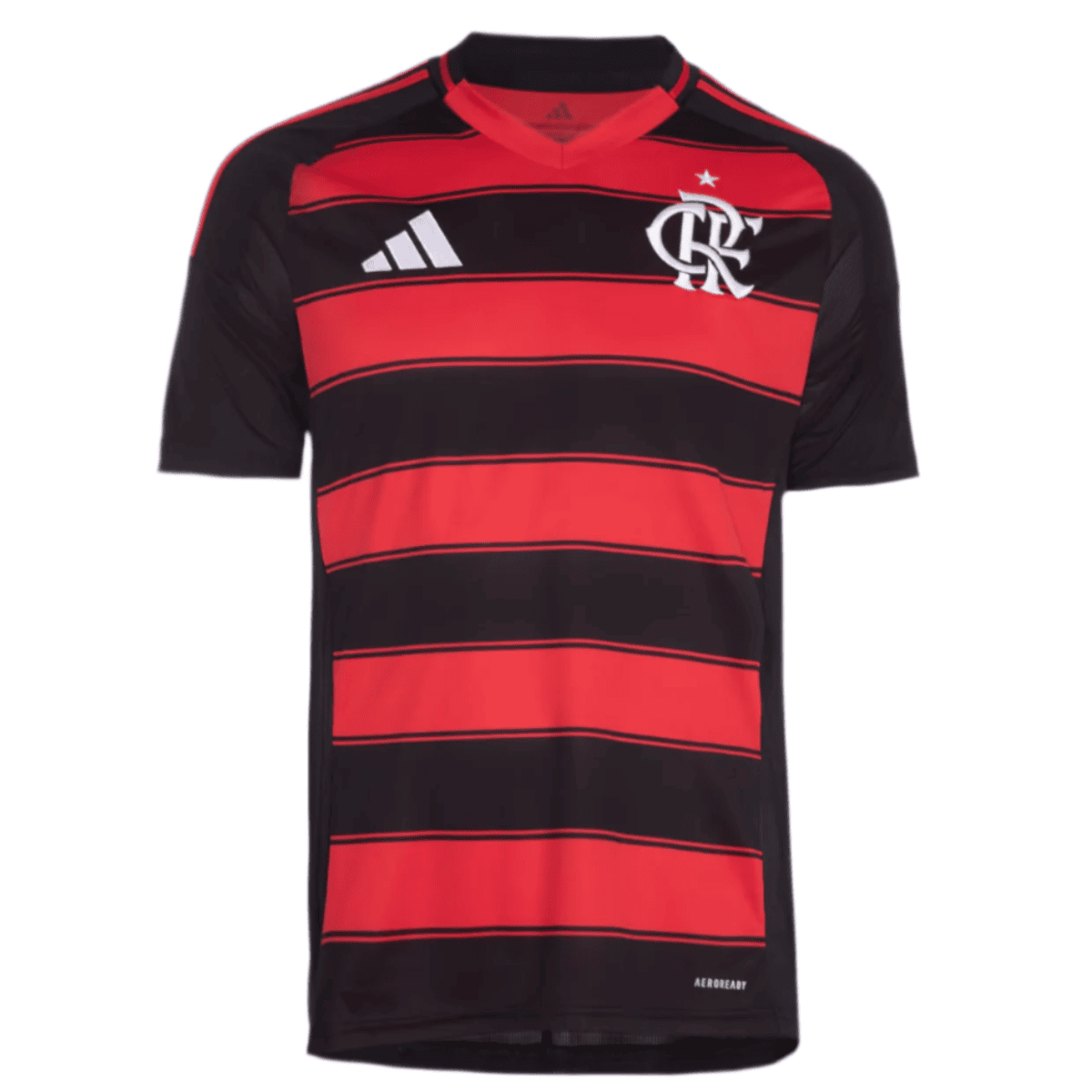 Red and black striped Flamengo soccer jersey with white Adidas logo and club crest on the chest.