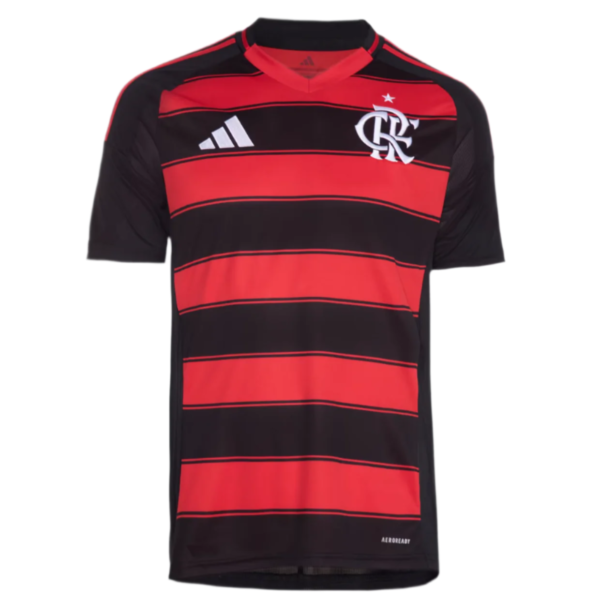 Red and black striped Flamengo soccer jersey with white Adidas logo and club crest on the chest.