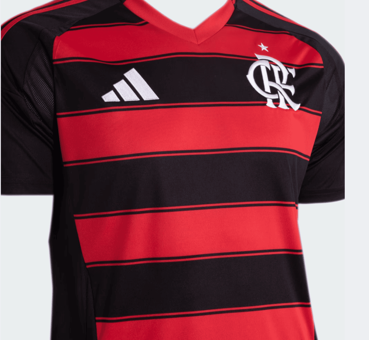 Red and black striped soccer jersey with an Adidas logo on the chest and a white club crest on the right side.
