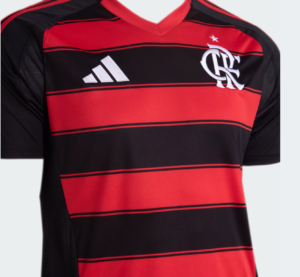Red and black striped soccer jersey with an Adidas logo on the chest and a white club crest on the right side.