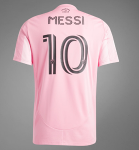 Back view of a pink soccer jersey with the name MESSI and the number 10, plus MLS patches on the digits.